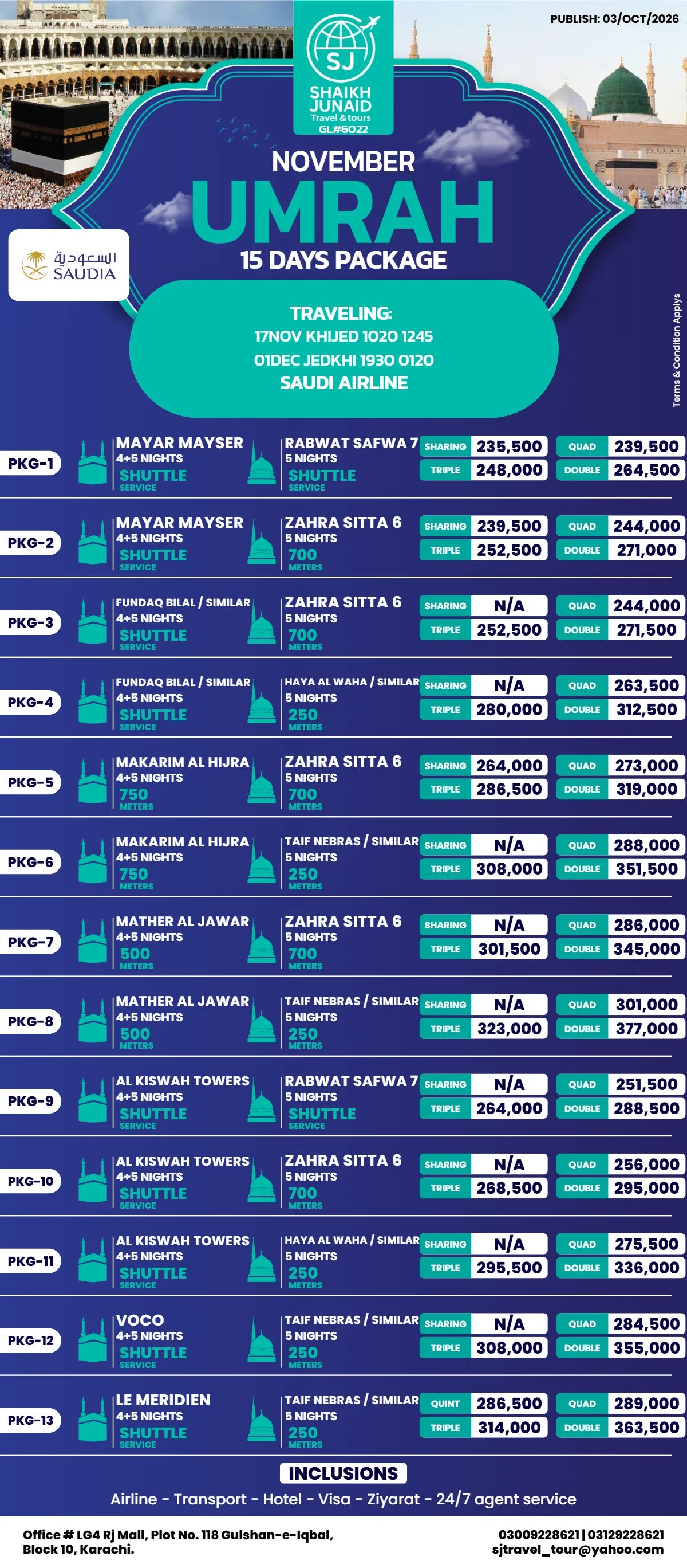 17 Nov SAUDI AIRLINE | 15 Days November Umrah Package 2026 | SJ Travel & Tours
