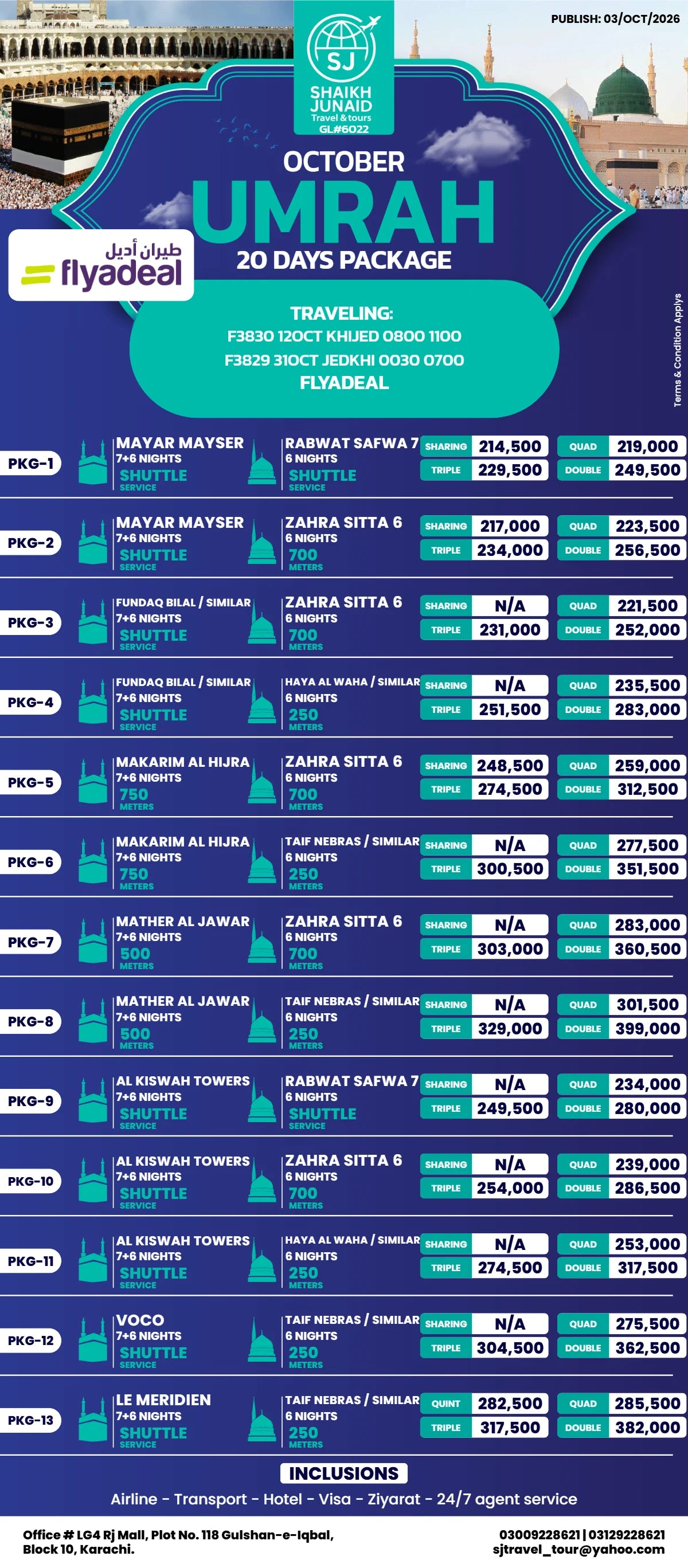 12 Oct FLYADEAL | 20 Days October Umrah Package 2026 | SJ Travel & Tours