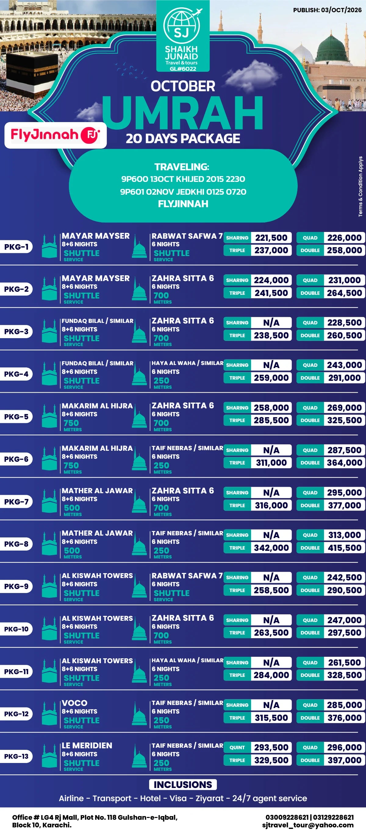 13 Oct FLYJINNAH | 20 Days October Umrah Package 2026 | SJ Travel & Tours