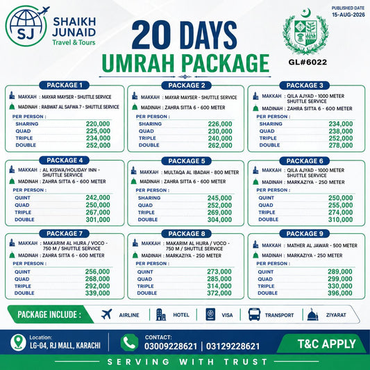 20 Days Umrah Package 2026 | 9 Options | SJ Travel & Tours