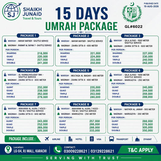 15 Days Umrah Package 2026 | 9 Options | SJ Travel & Tours