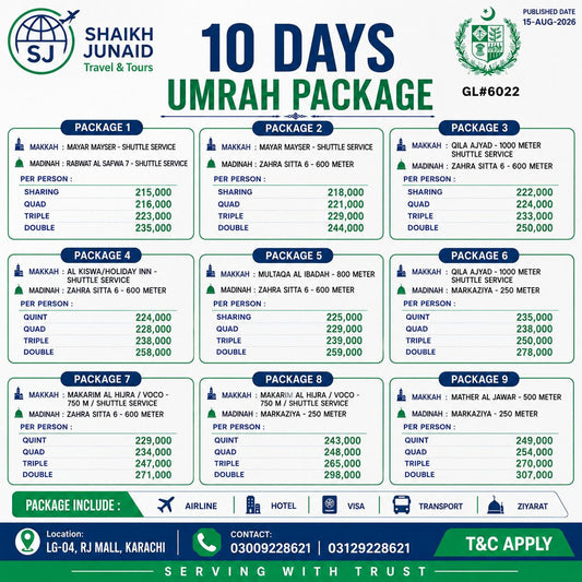 10 Days Umrah Package 2026 | 9 Options | SJ Travel & Tours